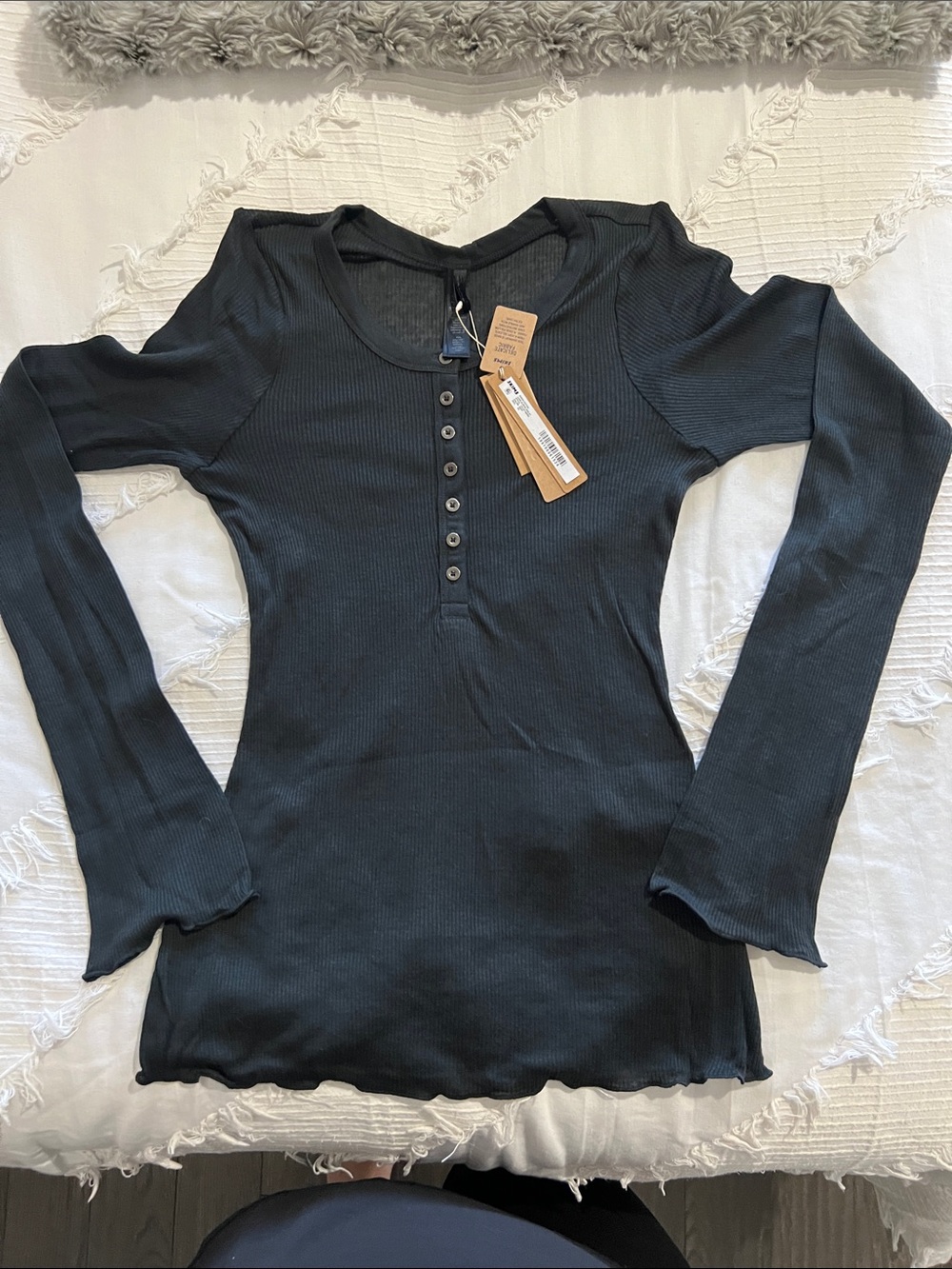 SKIMS Black Ribbed Button-Front Long Sleeve Top